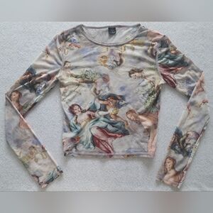Urban Outfitters Angelic Renaissance Print Mesh Long Sleeve Top